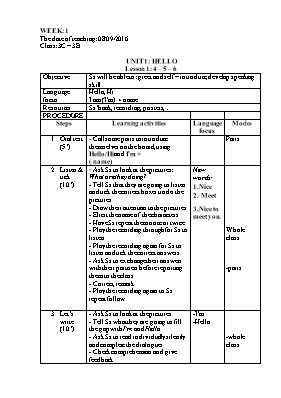 Giáo án Tiếng anh lớp 3 - Unit 1 Hello - Năm học 2016-2017